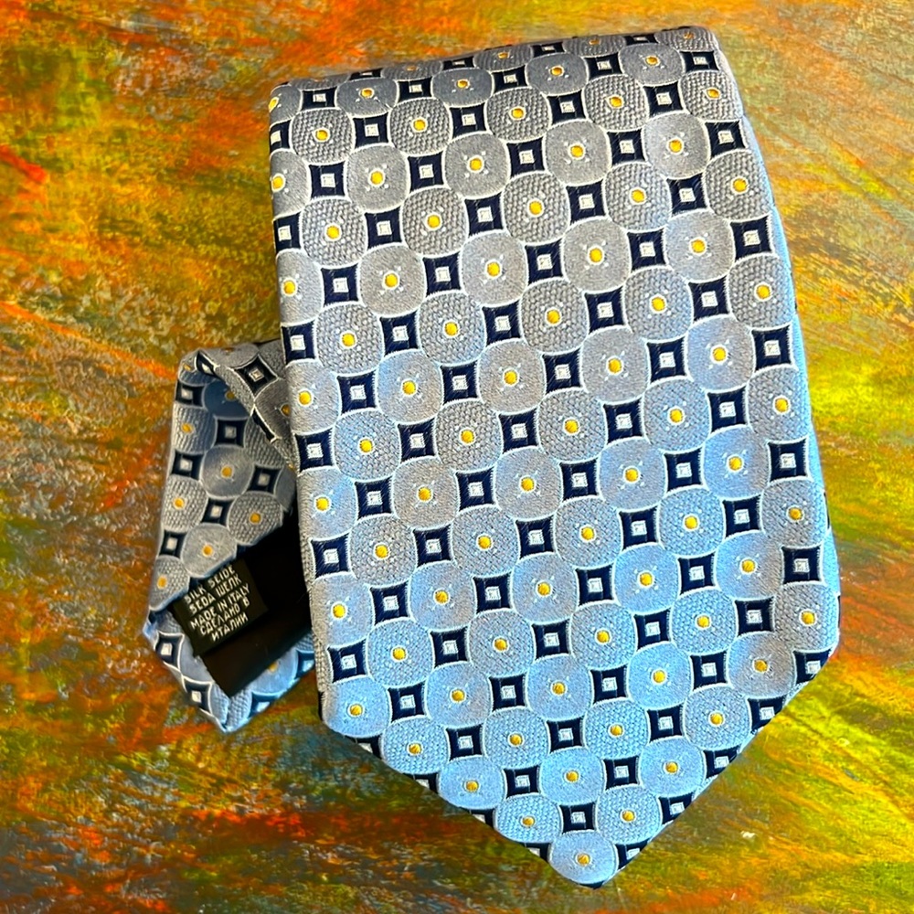 Boss HUGO BOSS SILK TIE in blue black yellow geometric pattern 61x4"